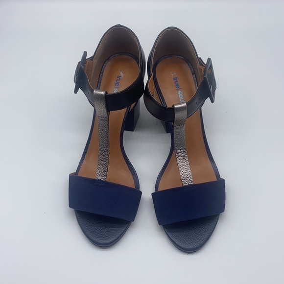 True Soul - Blue Suede And Black and Silver Leather Open Toe Heels Size 7 - Picture 2 of 15